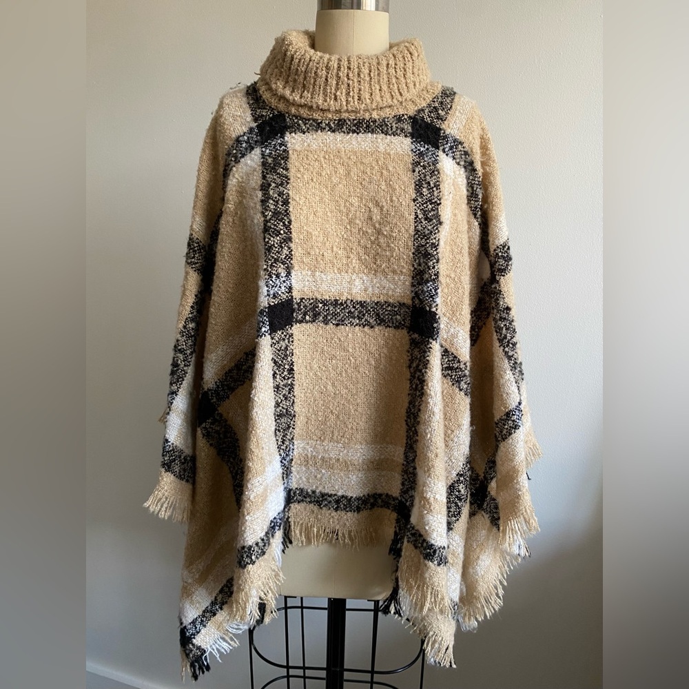 Serra Beige & Black Plaid Sweater Knit Turtleneck Poncho One Size